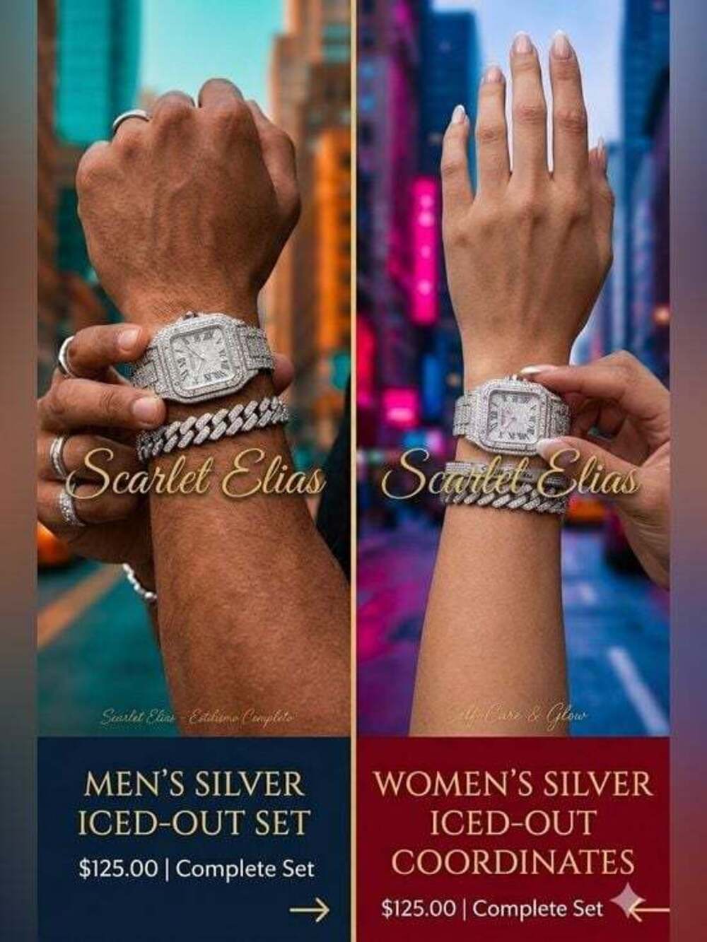 Unisex Men’s Women’s Silver Iced-Out Watch  Bracelet Set